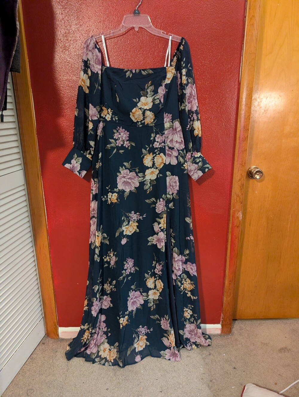Lulu's Dark Blue Floral Maxi Dress with Puff Sleeves